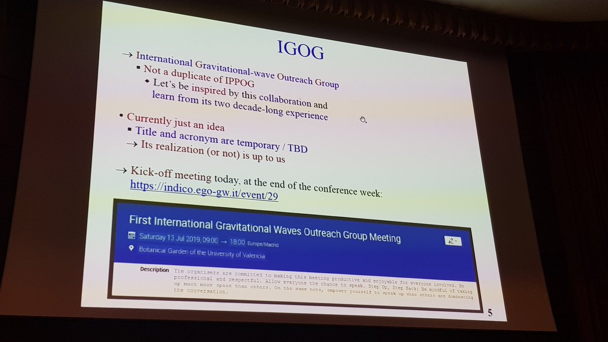 Following the main <a href="/GR22Amaldi13/">GR22-Amaldi13</a> meeting is the First International Gravitational Waves Outreach Group Meeting, discussing outreach, formal and informal education, and public engagement #GR22Amaldi13