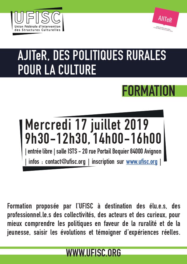 Journée de #formation Des politiques rurales pour la culture, mercredi 17 juillet <a href="/Maison_Pro/">Maison des professionnels du spectacle - Avignon</a> #Avignon2019, organisé dans le cadre de la démarche Culture, Jeunesse et Ruralité #AJITeR. Ouverte à tou-te-s, sur inscription : ajiterculture.org/ressources/aji…