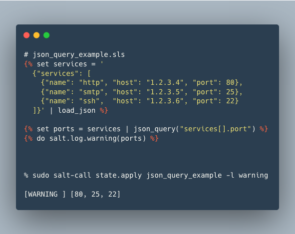 SaltTips's tweet photo. Salt Neon will ship with the json_query Jinja filter ported from Ansible. It can help you to get rid of ugly Jinja loops and simplify data parsing (especially if you use the TOFS pattern):

https://t.co/XvIG2lMC83

#saltstack #gitpicks https://t.co/kByMtZqsOb