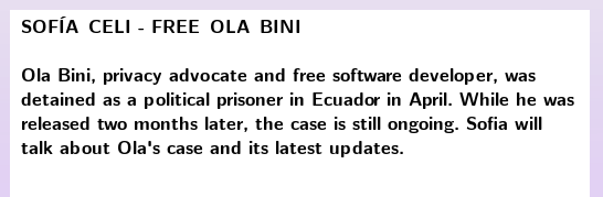 #FreeOlaBini! Join us tonight for <a href="/claucece/">sofía celi</a>'s update on Ola Bini's case. <a href="/freeolabini/">#FreeOlaBini</a>