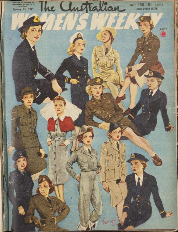 A front cover of the Australian Women's Weekly Magazine from January 1945 featuring a variety of women in uniform. #womenatwar #Australian #WomensWeekly #Uniforms #vintagemagazine #ww2 #WWII