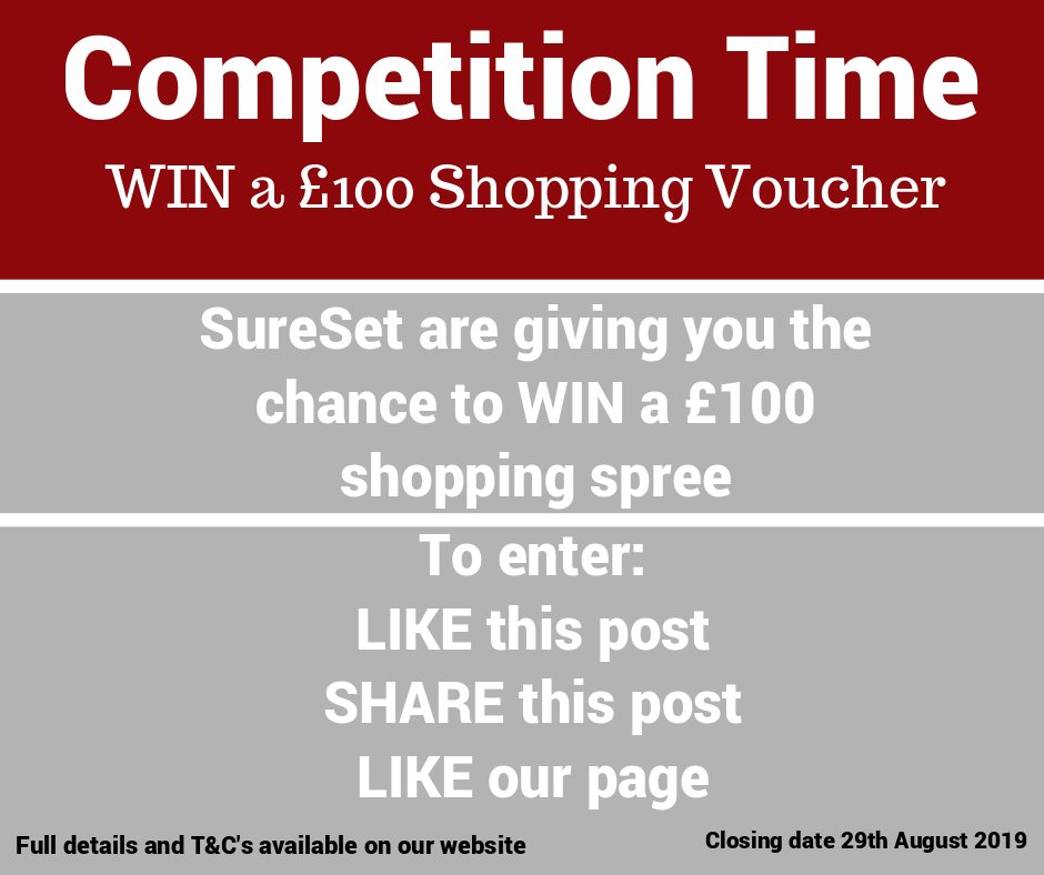 🥳🤩 IT'S COMPETITION TIME 🤩🥳

Do you ❤️Shopping?? 
 
SureSet is giving you the chance to WIN a £100 Love2Shop Voucher.

FACEBOOK ONLY COMPETITION - head to our page to enter. 

To read the full details and T&amp;C's please visit our website
sureset.co.uk/about/facebook…