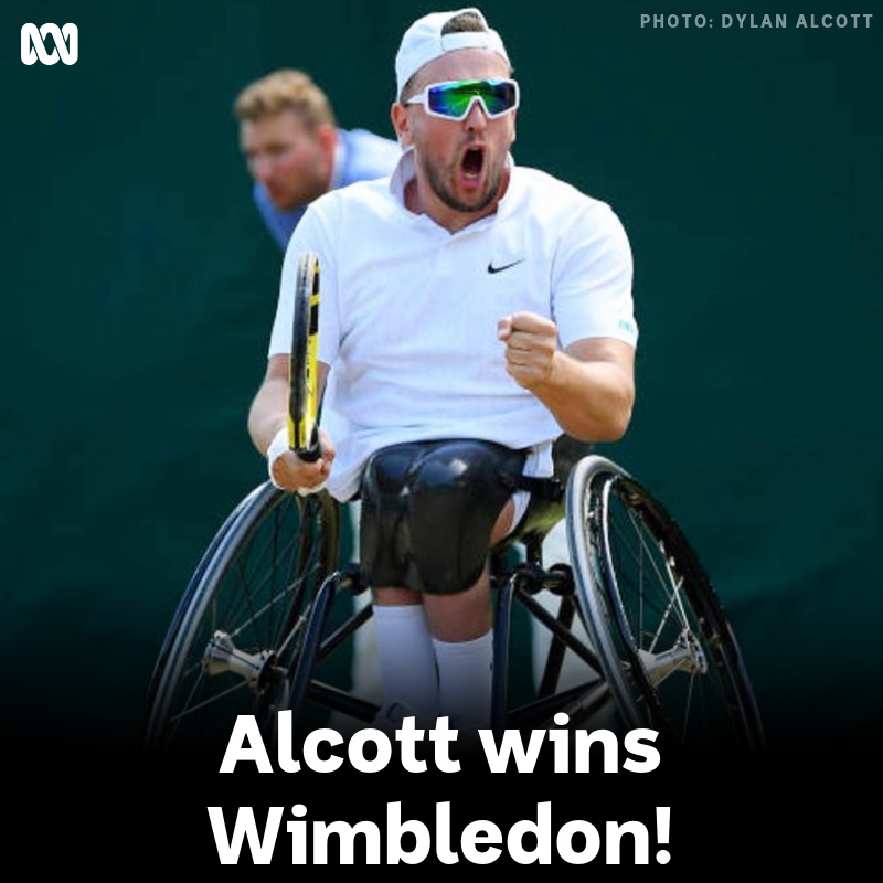 abcsport's tweet photo. #BREAKING 

♿🎾🏆 @DylanAlcott has won the @Wimbledon Quad Wheelchair Singles Final!
💚💛🇦🇺 Alcott now holds all four Grand Slam titles after defeating Britain's Andy Lapthorne 6-0, 6-2. #Wimbledon #GoAussies @TennisAustralia https://t.co/ipv8XBM4rq