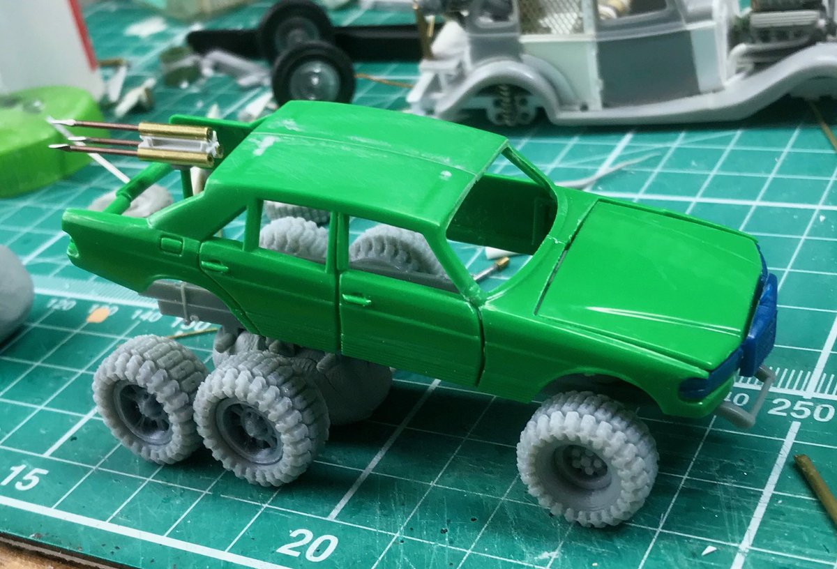 of_mechanic's tweet photo. Jacked up 6 wheel Merc, roughing out the basics, weapon will be a triple barrel compressed air bolt thrower #AnarchieRoad #MechanicofMayhem #inspiredbyFuryRoad https://t.co/UeFrloYXb6