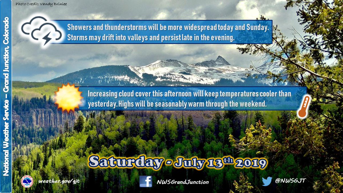 NWSGJT's tweet photo. Widespread #storms favoring higher terrain before moving over valleys today. Slightly cooler temps in response to clouds and showers. https://t.co/sYpAWleQT2
