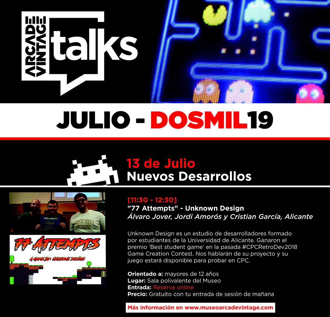 Arcade_Vintage's tweet photo. El Estudio de Desarrollo @UnknownDesign1 presentando el juego «77 Attempts», ganador del premio ‘Best student game’ en la pasada #CPCRetroDev2018 💪💪💪 Fantástica #ArcadeVintageTalk protagonizada por @byFlowee @vorixo y @cgr71ii 👏🏻👏🏻👏🏻 #CPC #MuseoArcadeVintage https://t.co/RmmcZU7lcf