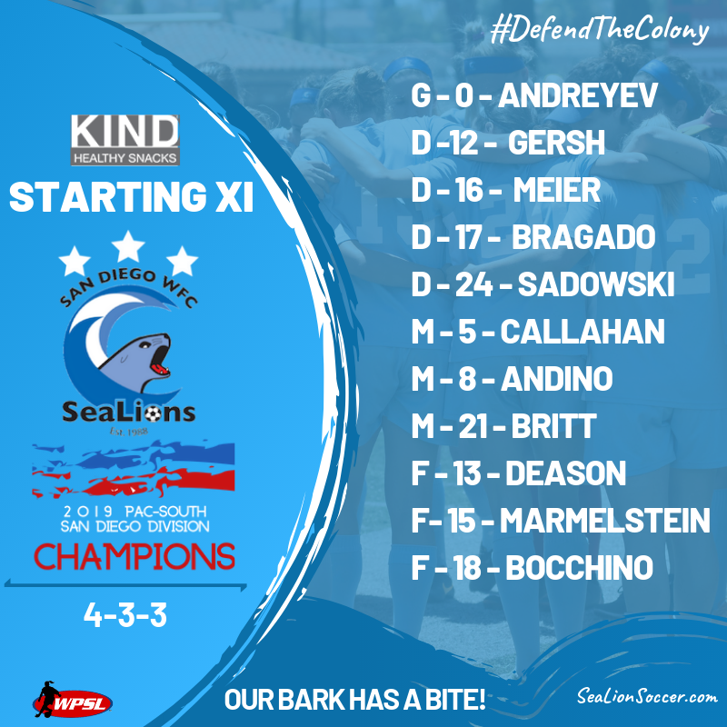 San Diego WFC SeaLions (@sdsealions) on Twitter photo The <a href="/SDSeaLions/">San Diego WFC SeaLions</a> Starting XI vs. <a href="/SoundersWomen/">Sounders Women</a> presented by <a href="/KINDSnacks/">KIND Snacks</a>
<a href="/WPSL/">Women’s Premier Soccer League</a> Semis
#WPSLPlayoffs
#OurBarkHasABite
#DefendTheColony The <a href="/SDSeaLions/">San Diego WFC SeaLions</a> Starting XI vs. <a href="/SoundersWomen/">Sounders Women</a> presented by <a href="/KINDSnacks/">KIND Snacks</a>
<a href="/WPSL/">Women’s Premier Soccer League</a> Semis
#WPSLPlayoffs
#OurBarkHasABite
#DefendTheColony