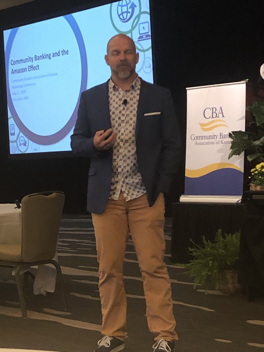 BankPres's tweet photo. Always special to meet a Twitter friend in the flesh. Awesome presentation by @EricCook at the Community Bankers of Kansas Annual Convention (#CBAK) in Wichita this week. Despite this photo, Eric’s “Amazon Effect” was an eye-opener! https://t.co/lug7ATdrRz