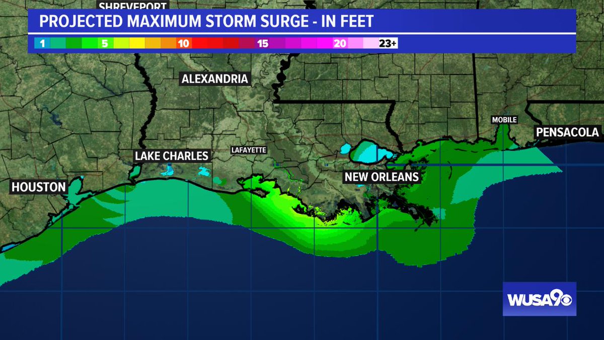 Storm surge from Barry will range from three to eight feet. The highest storm surge will occur east of the track of the storm as it makes landfall. #Barry <a href="/wusa9/">WUSA9</a> <a href="/hbwx/">Howard Bernstein</a> @melissanordwx @miriweather Download our free app: on.wusa9.com/appdownload