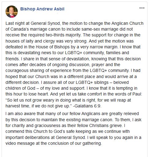 anglicandioTO's tweet photo. Bishop Andrew Asbil has posted a message on his Facebook page in response to last night's vote on the marriage canon. #gs2019 https://t.co/WTPqtJjSDt