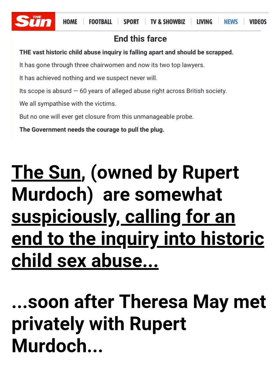 Rupert Murdoch, the puppeteer and puller of strings in British politics, phones Trump every week to talk strategy, and even sat in on Gove's interview with Trump. His paper, the Sun, called for an end to  @InquiryCSA soon after a private meeting with May. https://www.mirror.co.uk/news/politics/rupert-murdoch-secretly-sat-in-9786940