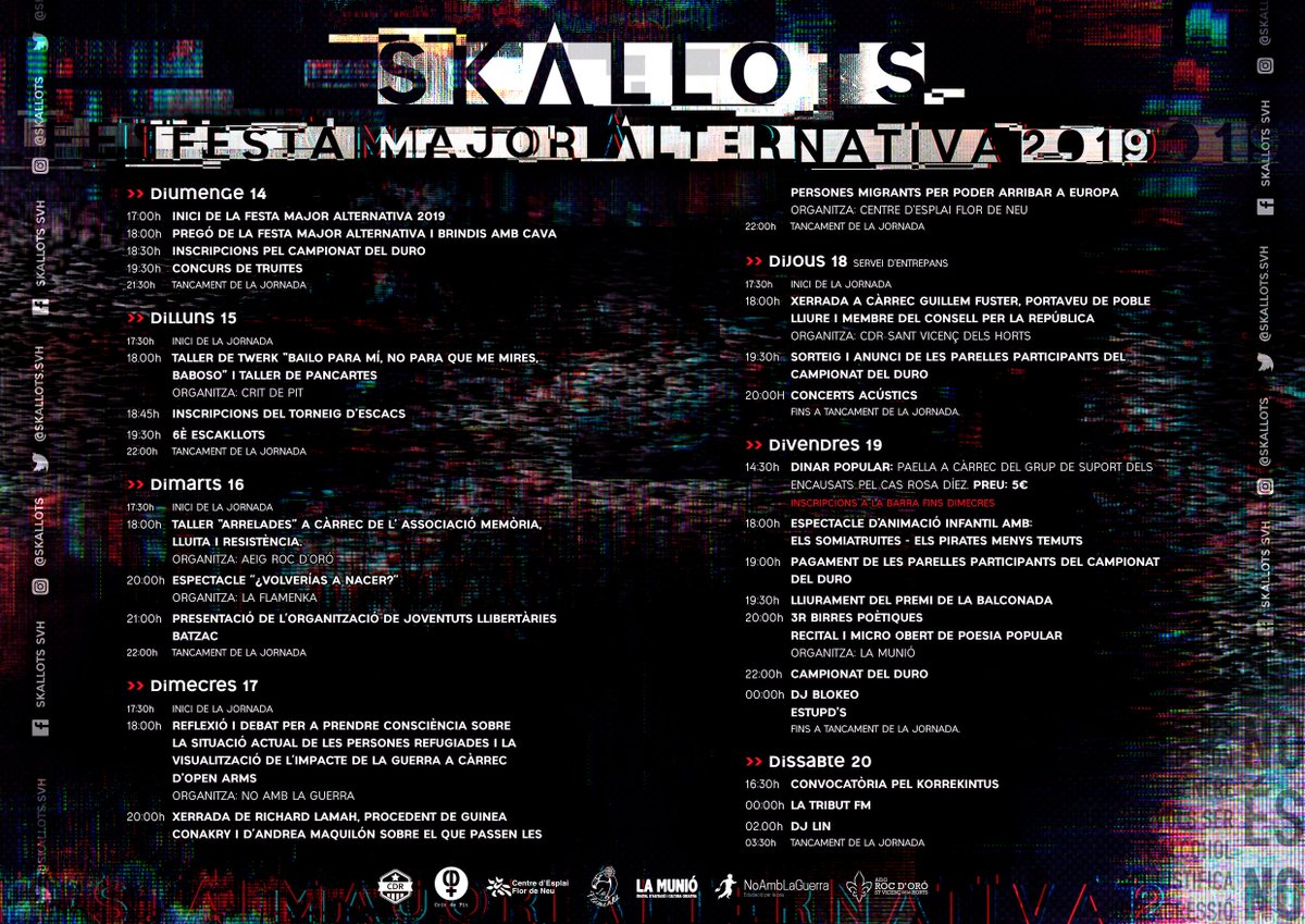 skallots_svh's tweet photo. PROGRAMA DE LA FESTA MAJOR ALTERNATIVA 2019
#Skallots2019

Fins demà! https://t.co/U2EW0eXijq