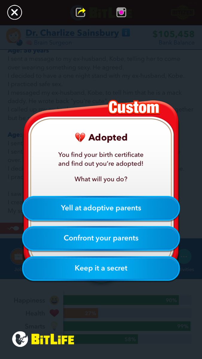 i_eleora's tweet photo. BitLife concept!: Find out youโre adopted! #Bitlife #Bitlifeconcept @BitLifeApp https://t.co/wOzzAuc1ie