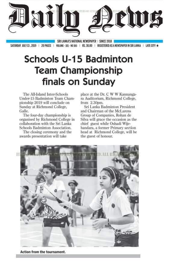 SriLankaSBA's tweet photo. Under 15 All Island Sri Lanka Schools Team Badminton Championship 2019 Tournament details featured in all major newspapers in #SriLanka
#Badminton #Galle #SLSBA #U15 #LAk https://t.co/0Hgwfo5EFg