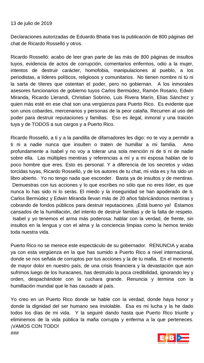 eduardobhatia's tweet photo. ¡QUE RENUNCIE INMEDIATAMENTE! Mis declaraciones oficiales antes los insultos de Ricardo Rossello sobre mi persona, mi esposa, mi familia y a TODO el Pueblo de Puerto Rico.  #RoselloRenuncia #MiGenteSeRespeta #NoMásCorrupciónEnPR #VoyConTodo #indignaciónPR https://t.co/FbTOpNPAJk