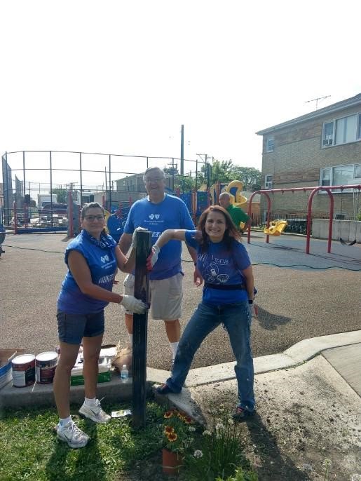 BCBSIL's tweet photo. Eight years ago we built a playground in @CityofBerwyn for children of all ages and all abilities with Mothers on a Mission. Today - our volunteers are back giving the park a spruce up!! #notoneanddone #BlueCorpsIL https://t.co/Sg4USOuXJD