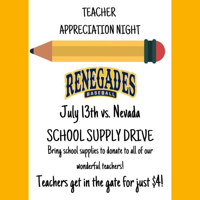 mystormpros's tweet photo. StormPro proudly supports the Jefferson City Renegades ⚾️👉🏼Tonight is Teacher Appreciation Night! Bring school supplies to donate to the great educators in our community! Teachers, you will get in the gate for just $4! 7 PM at Vivion Field.
#schoolsupplydrive #renegades #jcstrong https://t.co/QHB397MVjv