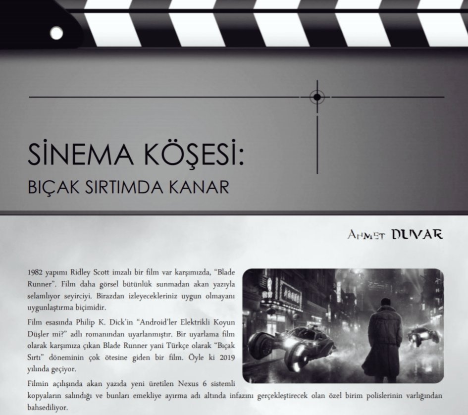 🍁
"SİNEMA KÖŞESİ;
BIÇAK SIRTIMDA KANAR"
Blade Runner (1982) filmi üzerine eleştiri, Hezeyan 2019 Bahar Sayısı'nda!