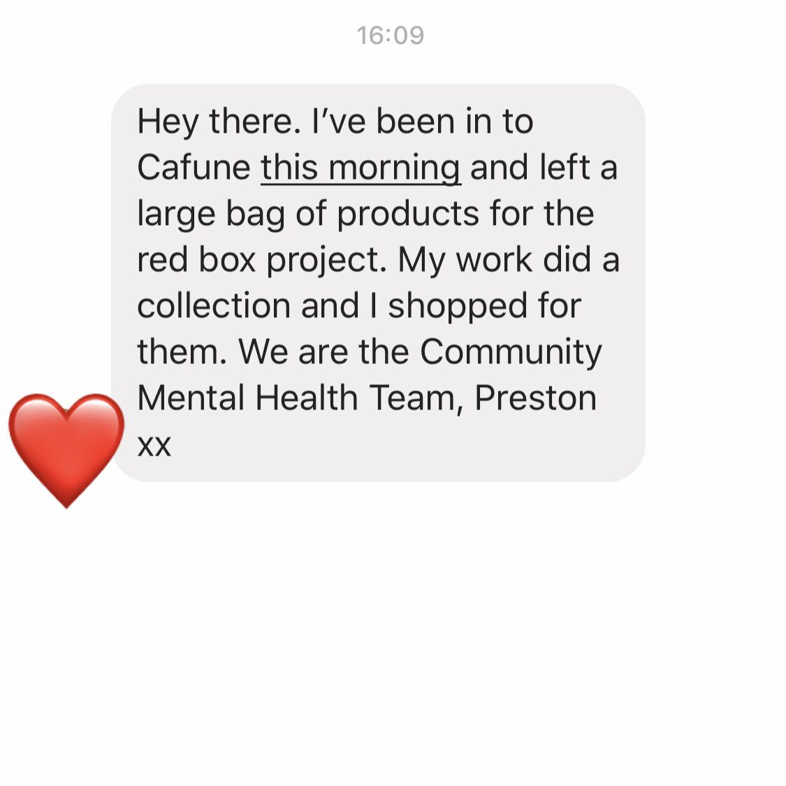 We’d like to send a special thanks to Preston Community Mental Health Team for collecting for #RedBoxProjectPreston &amp; donating at <a href="/cafunecafeuk/">Cafuné café</a> this weekend! 

❤️ You guys are great! ❤️

#kindnessmatters #communitykindness #preston