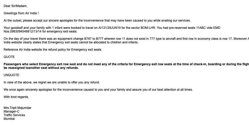 priyav24's tweet photo. @airindiain AI changed our paid seats to emergency row seats without realising we had an infant. Refusing to refund they claim the initial seats we booked were emergency as well. But in the same mail they ack that this was the 1st row of economy which r non emergency! #airindia https://t.co/kLgMNilFC3