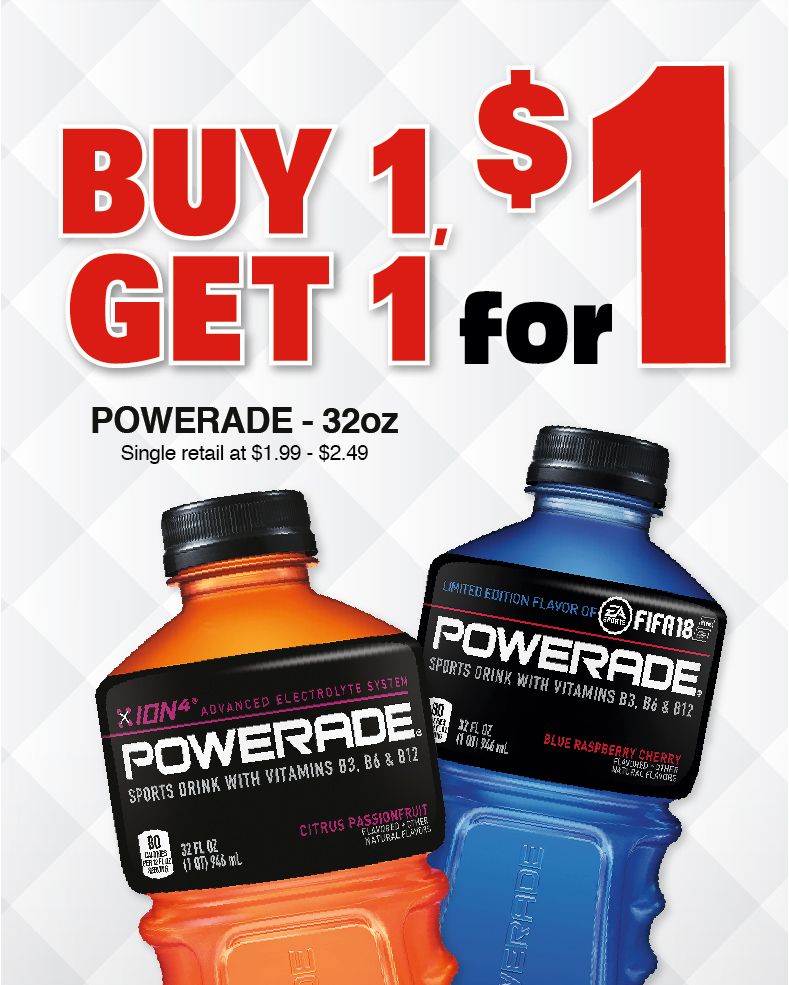 Buy 1, Get 1 for $1 Powerade at Roadrunner Markets!