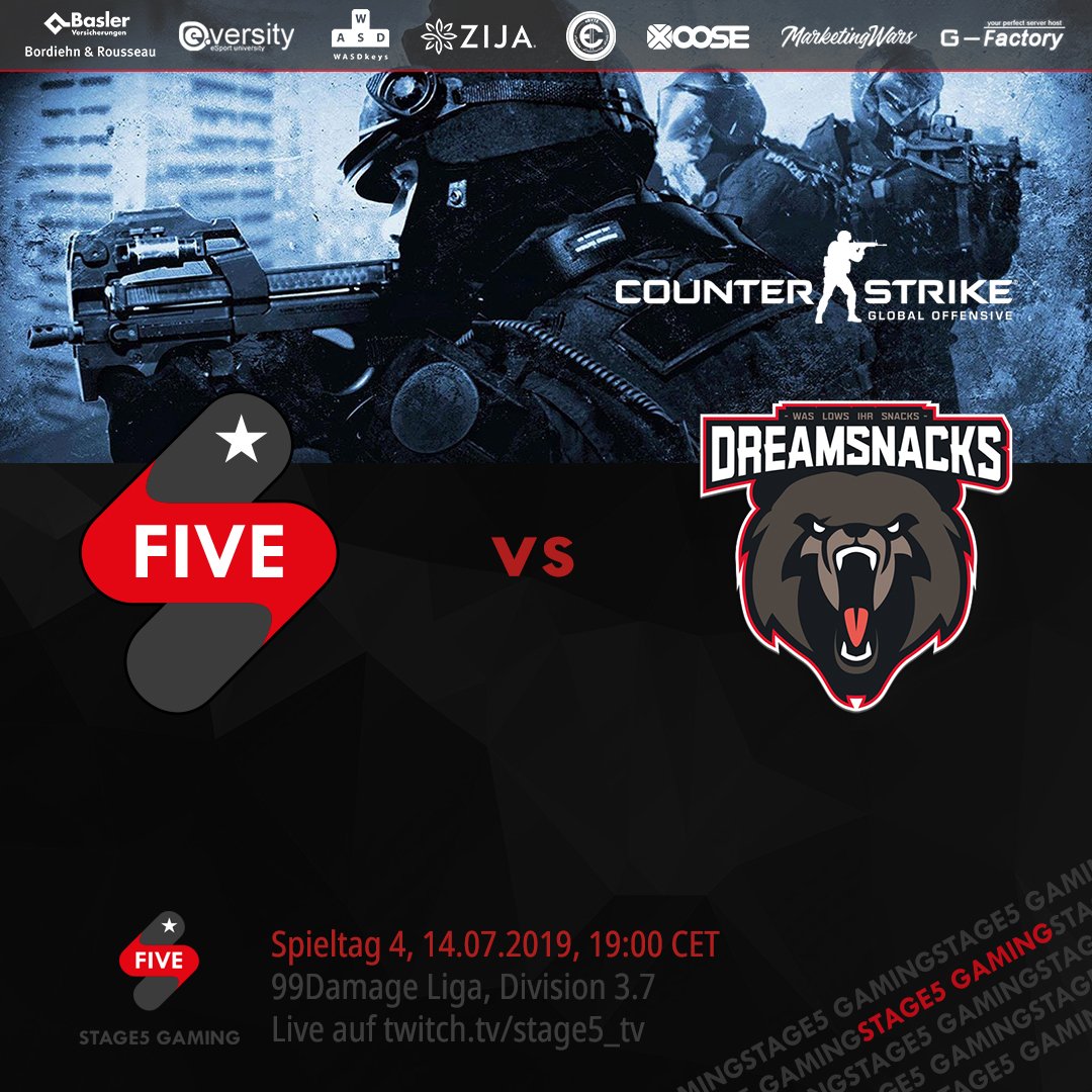 Morgen um diese Uhrzeit ist es soweit! Unser #CSGO Team tritt im #matchoftheweek gegen die zweitplatzierten <a href="/dreamsnacks/">DREAMSNACKS</a> an! Mit einem Sieg ergattern wir uns einen der begehrten Relegationsplätze. Unterstützt uns morgen live auf twitch.tv/stage5_tv um 19:00 Uhr! #stage5gaming