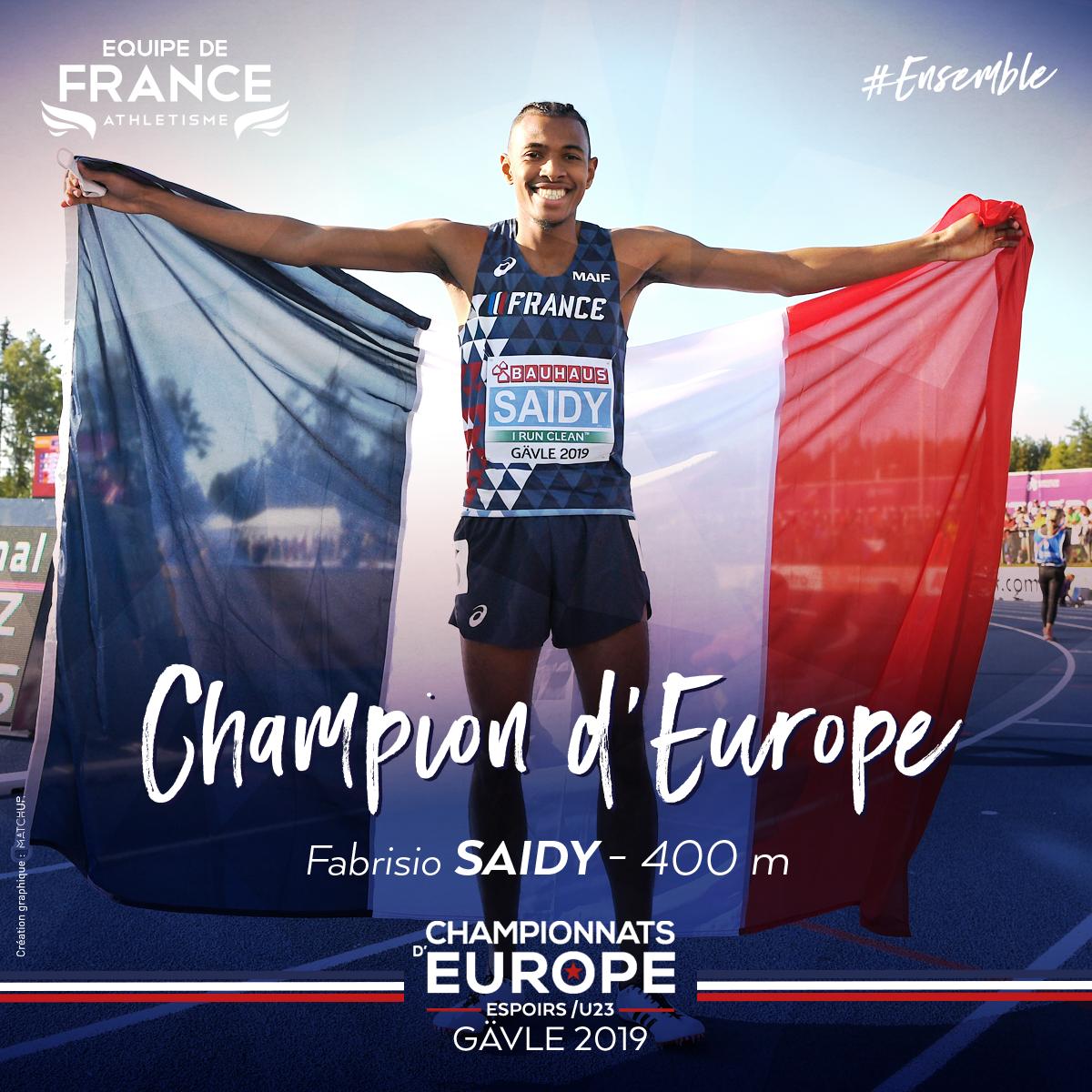 🥇 <a href="/FabrisioSaidy/">Fabrisio Saidy</a> remporte le titre de champion d'Europe espoirs / U23 du 400 m en 45''79 au terme d'une magnifique dernière ligne droite à 🇸🇪 #Gavle2019 ! Nouveau record personnel ! Deuxième médaille d'or et quatrième podium pour les Bleus en Suède ! 🇫🇷