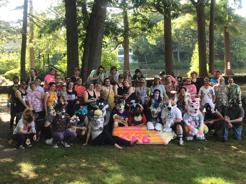remygryph's tweet photo. 65 people came to the first ever Eastern MA Cookout this afternoon and HECK what a good squad of animal people!! 

(A small child thought we were all from Dunkin’ Donuts thank you for the float @Rybark_) 

Sending a few folks Cape-ward for the @MassFurBowl tonight...have a blast! https://t.co/iOO0V5pFBK