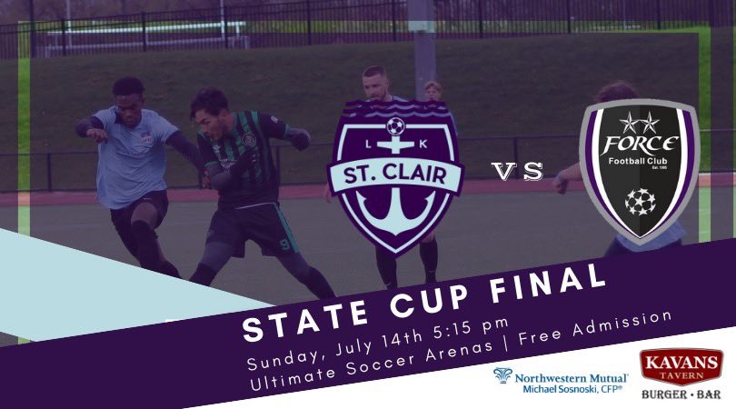 LK_StClair's tweet photo. STATE CUP FINAL

Come out and support the boys as they face off against @ForceFC_MI in the Gerhard Mengel State Cup

🗓 Sunday 7/14
⏰ 5:15
📍Ultimate Soccer Arenas
🎟 Free https://t.co/2iuieps4hW