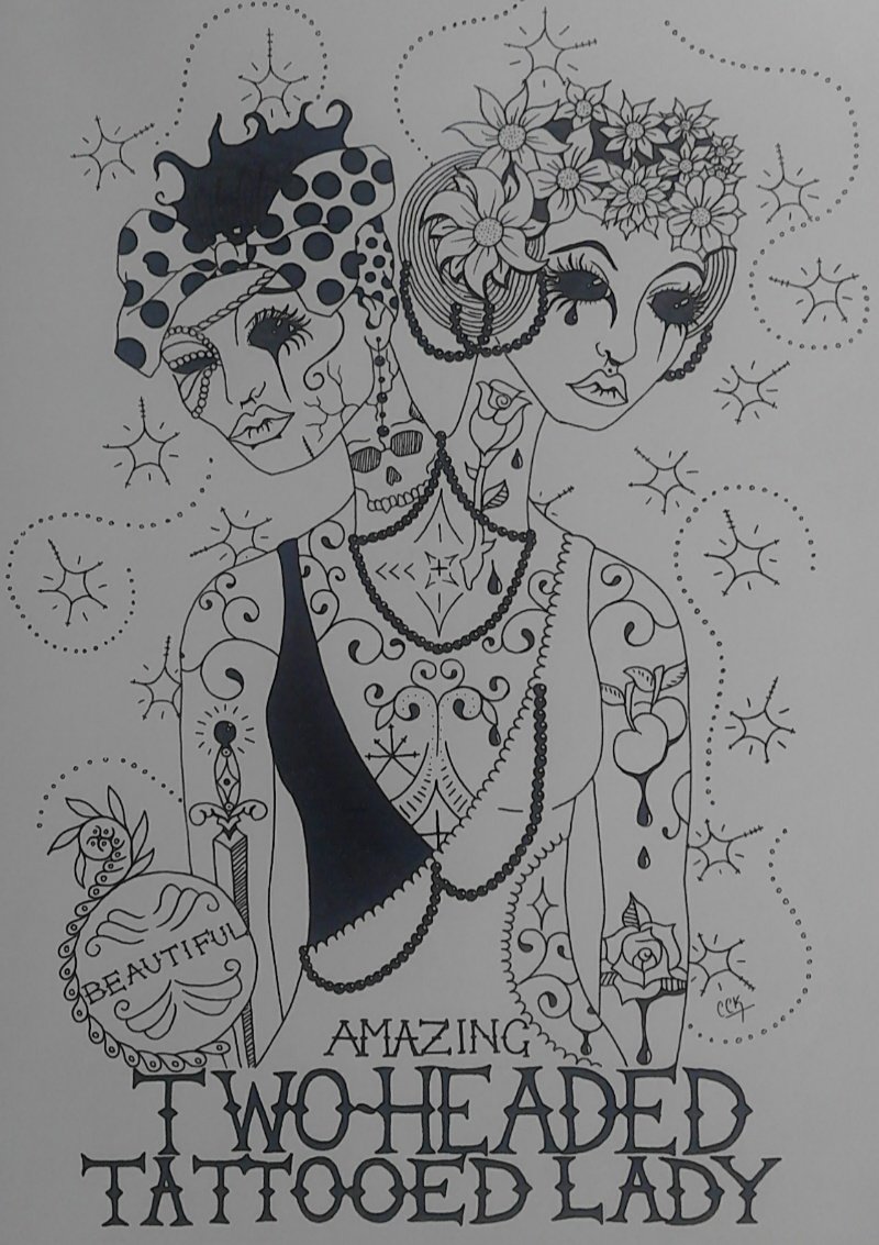 CCKimberley's tweet photo. 'Two-Headed Tattooed Lady' apx A3 #ink #inkdrawing #drawing #artist #artwork #arty #sketch #sketchbook #tattoo #tattooedlady #tattooedgirls #twoheaded #twoheads #freaks #freakshow #sideshow #blackandwhite #lineart #patterns #tattooart #posterstyle #poster https://t.co/uqUcwyOHBl