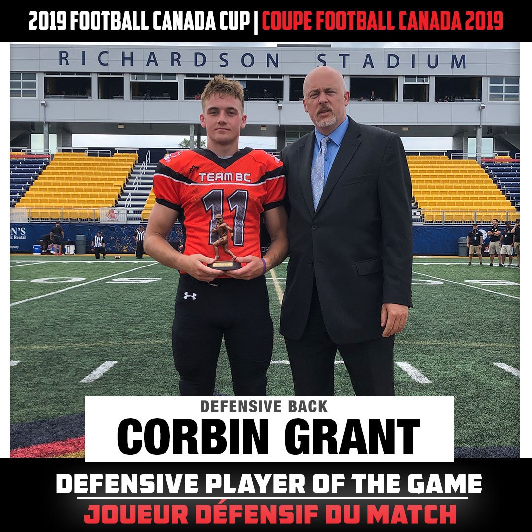 FootballCanada's tweet photo. Congrats #17 Nolan Ulm the Offensive MVP and #11 Corbin Grant the Defensive MVP from Team British Columbia after facing Manitoba in the battle for 5th place at the Canada Cup. https://t.co/tKX2j4MkAA