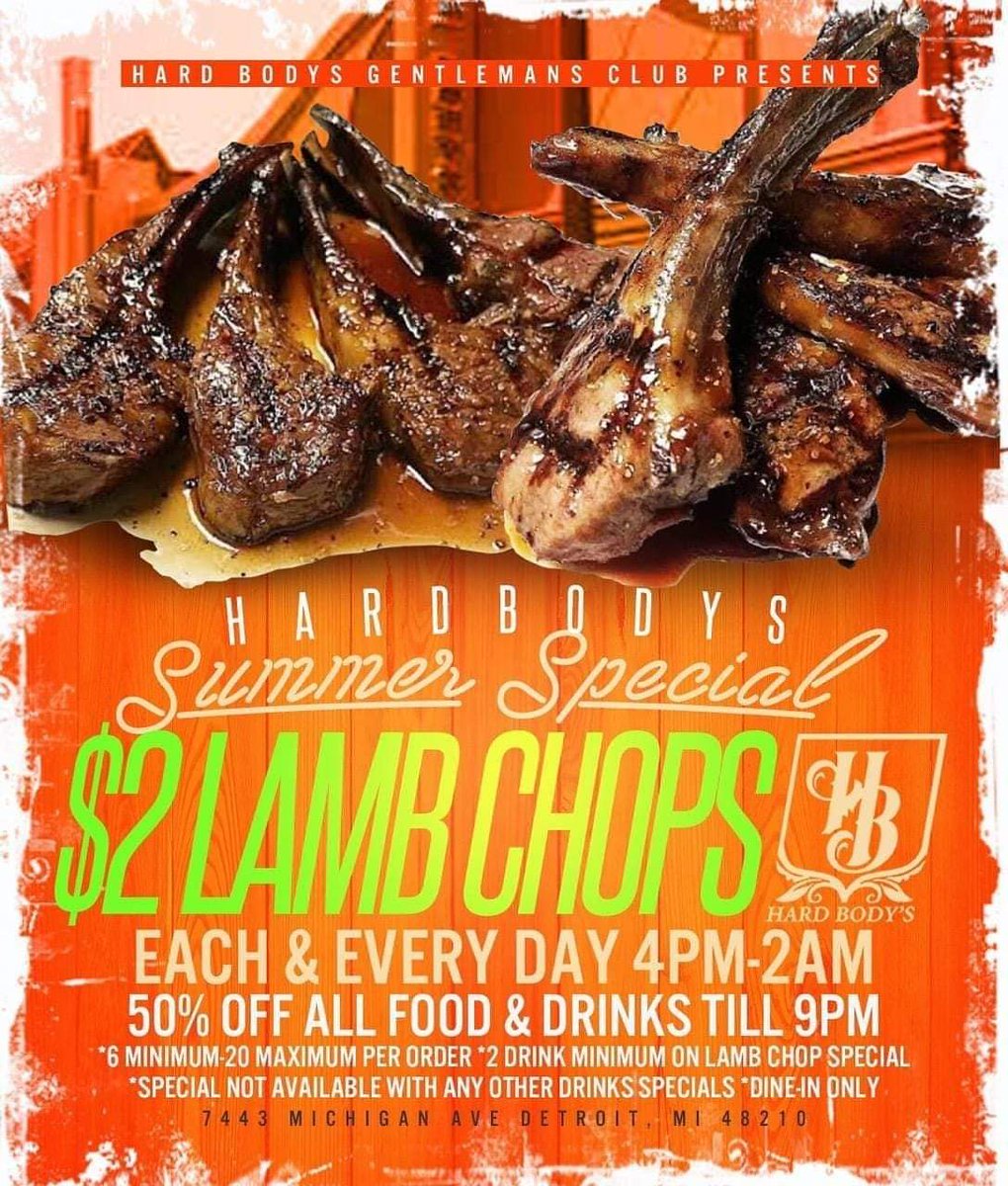 hardbodys313's tweet photo. $2 Lamb Chops TODAY Doors Open at 4pm Hard Bodys Gentlemans Club Summer Food Special $2 Lamb Chops EVERYDAY 🙌🏽 only at @hardbodys313 #DetroitEvents  #DetroitSocial #DetroitFoodie https://t.co/OvN5uMSKwp .