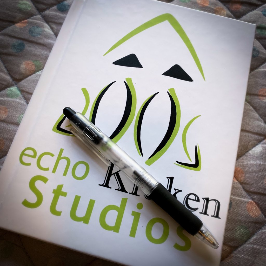 echoKraken's tweet photo. Doing a little writing and art brainstorming in this super cute notebook. Wow that logo looks good ;) #art #writing #notebook #echokrakenstudios #logo #planning #inspiration https://t.co/8zcF2XOILe