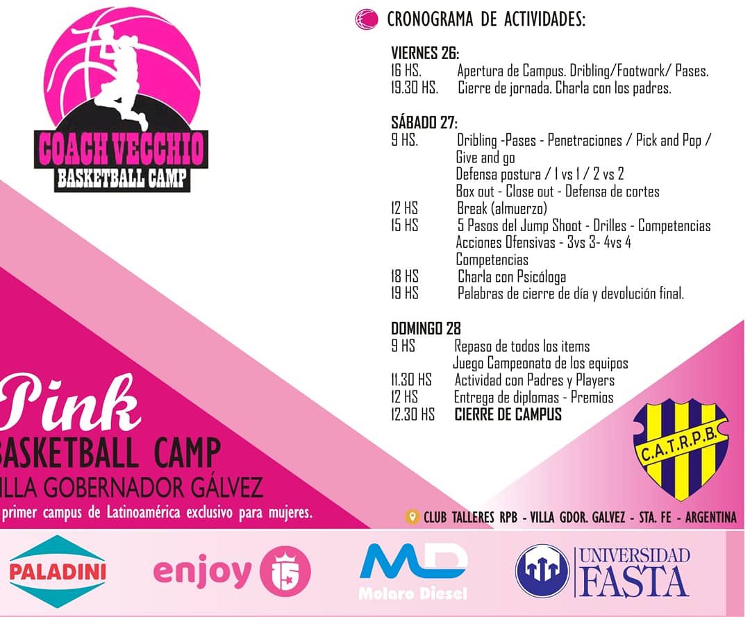 🏀PINK BASKETBALL CAMP🏀
Se acerca el 1er campus internacional exclusivo de Basquet femenino, con el Coach Guillermo Vecchio. Queremos agradecer a nuestros sponsors que hacen posible este evento para nuestro club y la ciudad.

Todavía estás a tiempo de sumarte a esta experiencia!