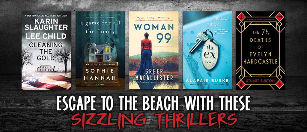 a collage of five book covers imposed on a dark stormy ocean background