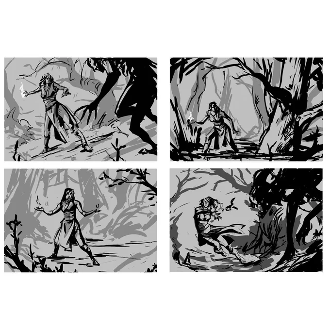 some thumbnailsketches to explore an idea and maybe even trying to get a more dynamic comp than usual. It's really hard to break my mold of rather calm, close-up compositions and is something I have to focus on consciously to make a change 