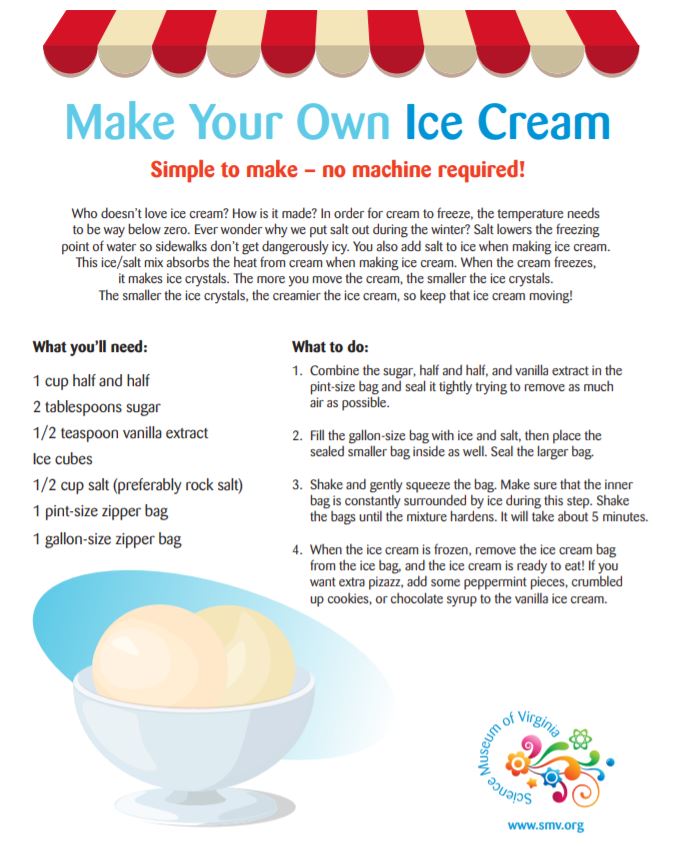 ScienceMusofVA's tweet photo. I scream, you scream, let's make some ice cream! There's a lot of science involved in making ice cream. Why not practice some at-home science while cooling off w/ a sweet summer treat! #makeyourownicecream #icecreamscience #athomescience #science #icecream https://t.co/hdugB9vh3R