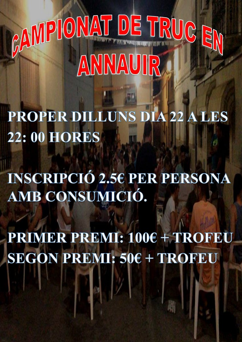 AnnauirTurinfo's tweet photo. Campionat de Truc #Festes2019! 🃏
INSCRIPCIÓ OBERTA
Apunta't, t'esperem! 😉 https://t.co/IOrD9xCtwJ