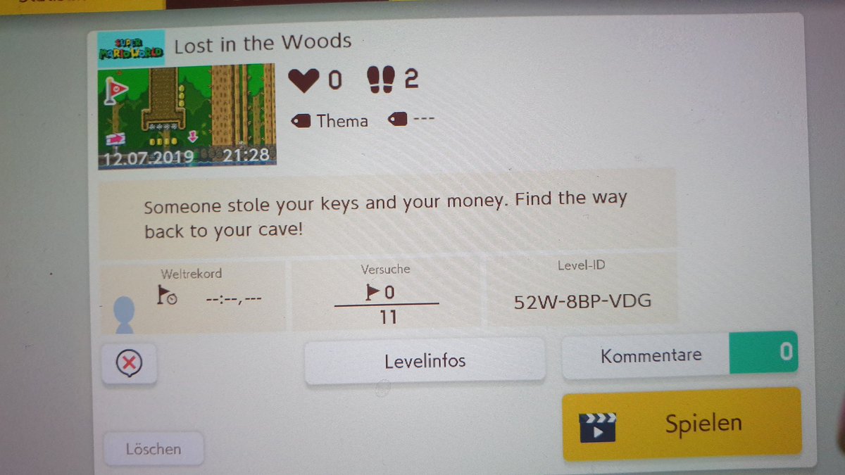 Seal198's tweet photo. #ZombeyMarioMaker
52W-8BP-VDG

Ein halbwegs kurzes und am Anfang schweres Level mit Backstory: Du lebst in einer Höhle im Wald und hast dich verlaufen und jemand hat deine Schlüssel und dein Geld geklaut, finde den Weg zurück nach Haus. Würde mich sehr freuen wenn du es spielst. https://t.co/zQxnKnu6j1