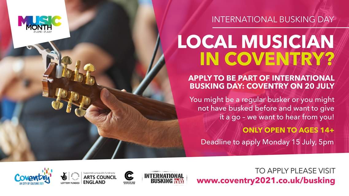 Coventry2021's tweet photo. #TAKETHESQUARE is part of #MusicMonth, celebrating music in Coventry from 21 June to 21 July. Our next event is International Busking Day on 20 July where musicians take over the city centre for the day - we'll see you then! https://t.co/Smau3j28jM