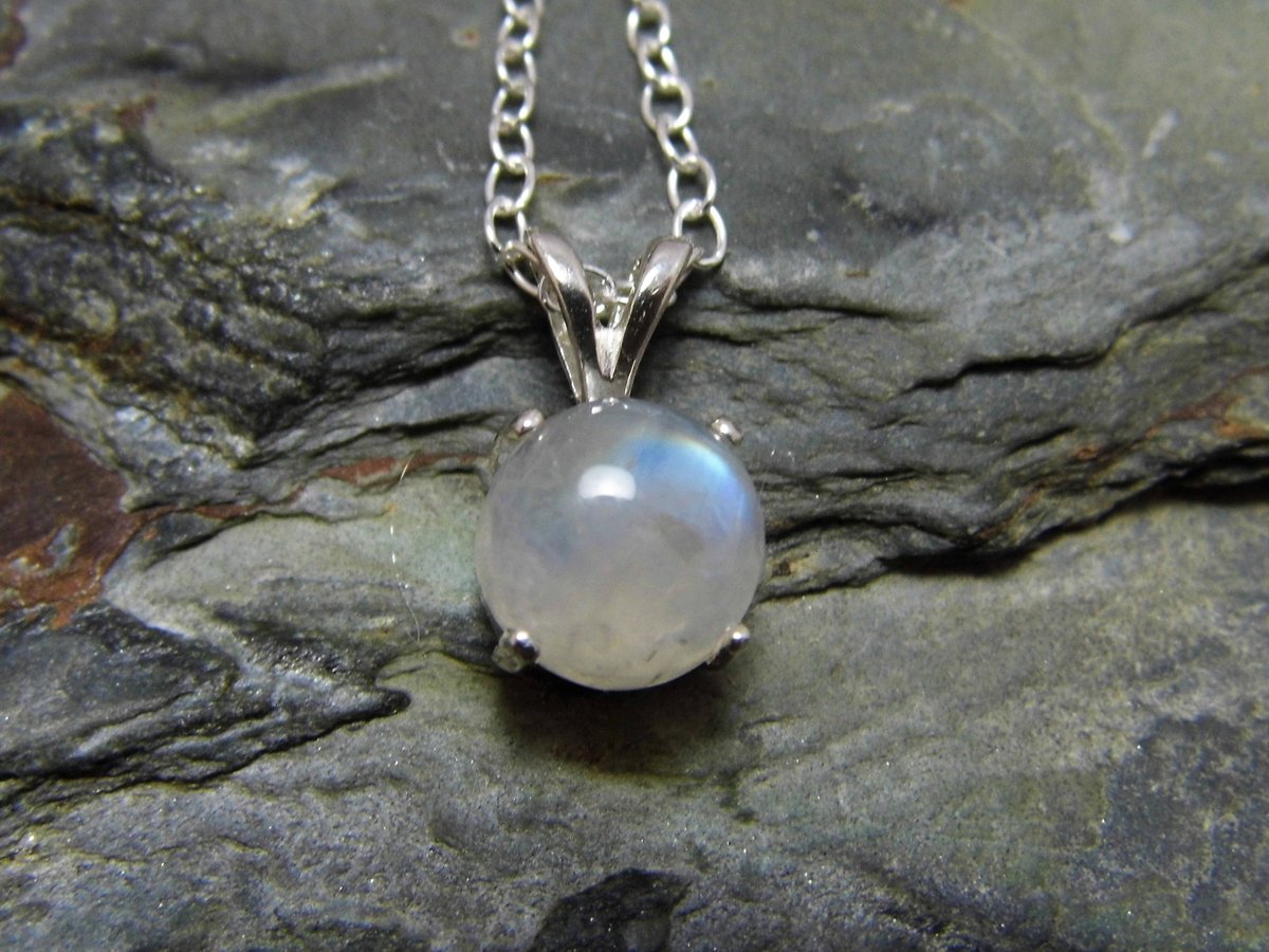 Indian Rainbow Moonstone. 8mm moonstone cabochon set in sterling silver. Now available in our Etsy store. #opalkobus #moonstone #moonstonependant