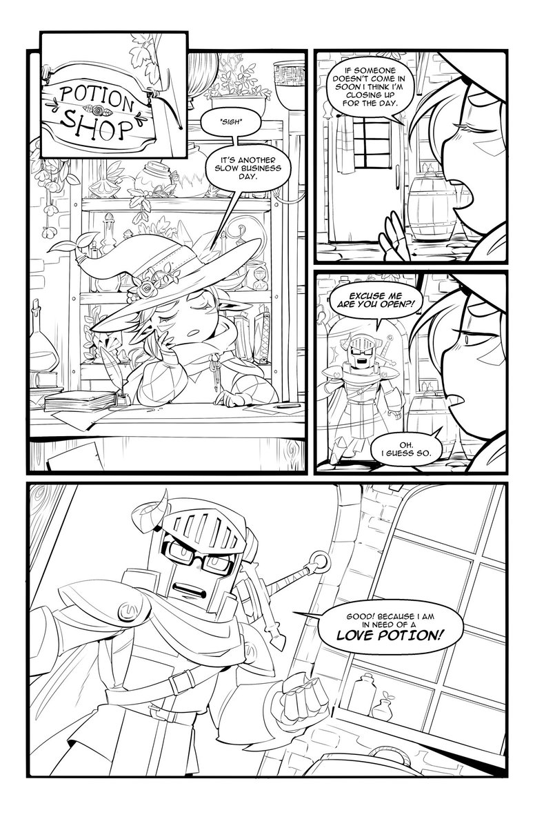 Of course after I post this version I find more pages hidden away in my emails!
Here are the lines plus the rough text I had done for it.
I actually kind of prefer the line art, though that's how it is for most of my art.