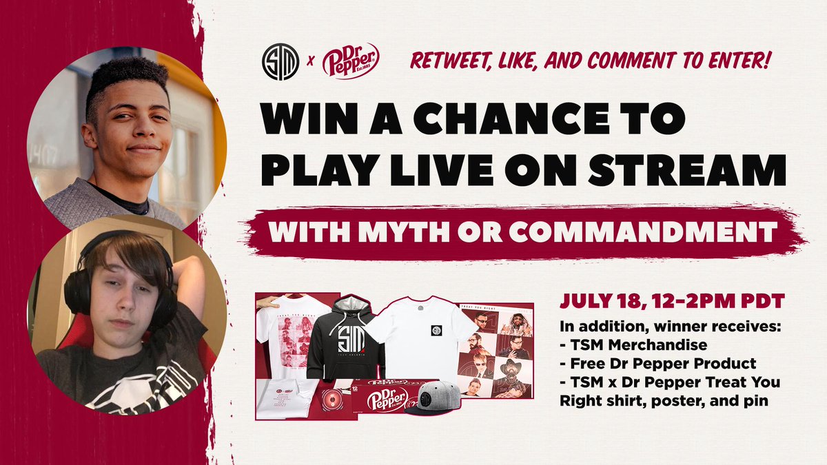 TSM_Commandment's tweet photo. I’ma be picking one fan to compete with me against @TSM_Myth and his fan, like, retweet, and comment to enter! Winner will be drawn in 24 hours! @drpepper is providing some NUTTY prizes. https://t.co/98pvL0uKIv