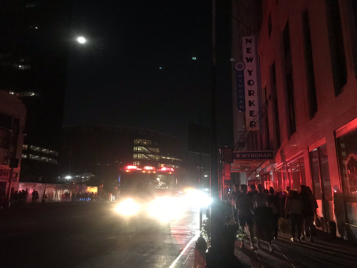 angelacanada's tweet photo. Firefighters on standby in front of the Newyorker hotel #blackout https://t.co/enTEf7Sfsd