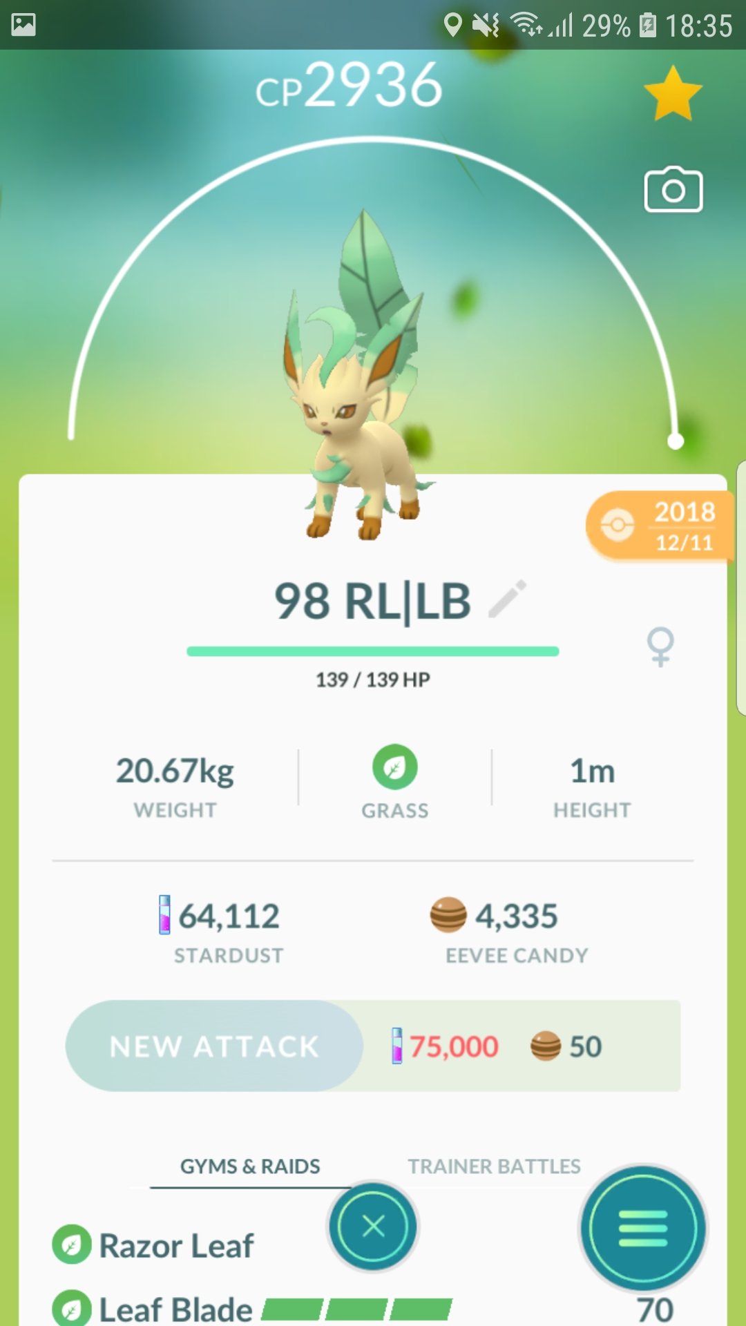 Oiii Plays Grass Unique No 6 Maxed Leafeon Another Typing Completed For Now Pokemon Pokemongo Pogo Lv40 Maxed Grasstype Grasspokemon Leafon ポケモン ポケモンgo ぽけもん ぽけもんgo くさタイプ くさポケモン リーフィア