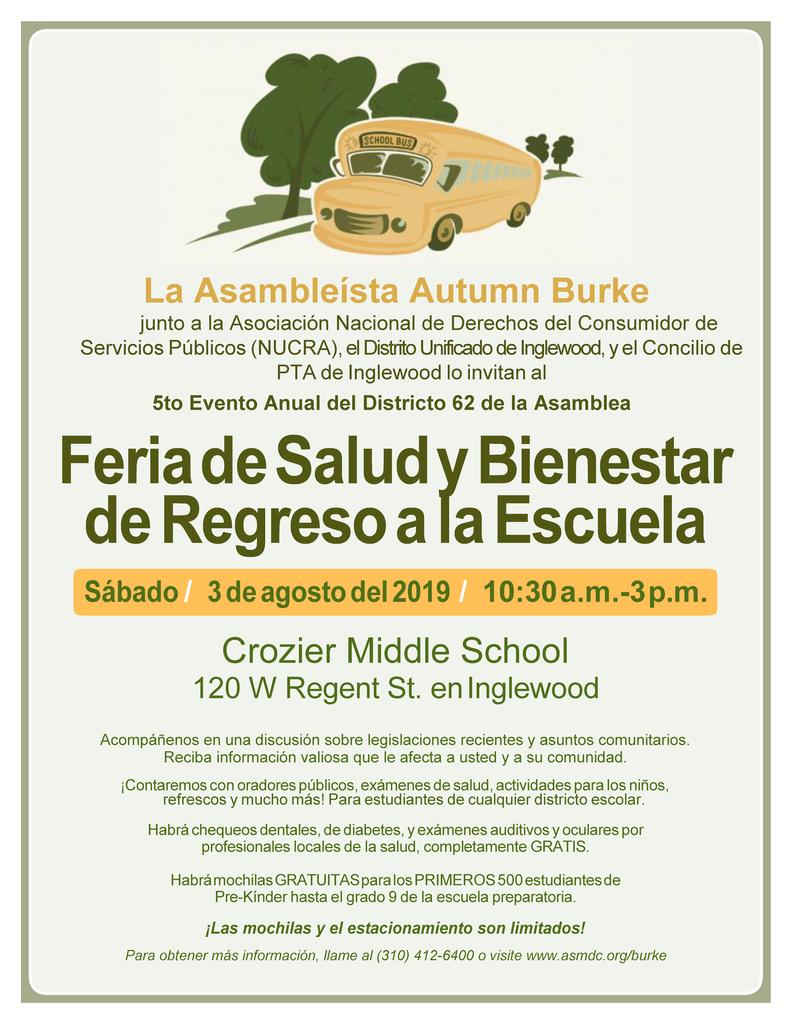 smithLESD's tweet photo. On 8/3/19 @autumnrburke will be hosting the 5th  Annual #BackToSchool Health &amp; Wellness Fair.  This community event will feature free backpacks and school supplies! Join us at Crozier Middle School in #Inglewood from 10:30 AM - 3 PM. 

We hope to see you there! https://t.co/RvJOpGza0x