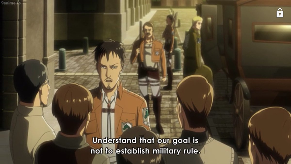 The empowerment of the state through an all powerful warlord.Did AoT support that?Nop. In season 3 they did a coup to a dictatorial government and even tho they had the opportunity to put a warlord and the army in the power, they gave the position to the rightful queen.