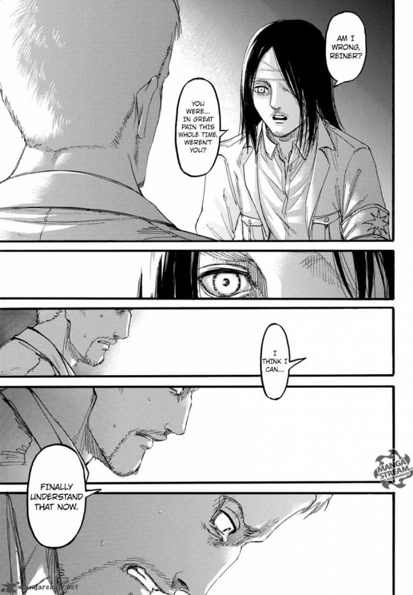 IndoctrinationIt's not one or twice, AoT talks multiple times against indoctrination in different ways. Showing how harmful can be for children and how twisted the ppl who do that can be, the harm it does to ppl like Reiner who even developed a mental disorder.