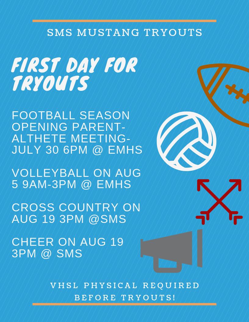 SMS Athletics is looking forward to the kick-off of the fall sport season - football, cheer, cross country and volleyball tryouts are coming soon. Football and volleyball condition is happening now. Check out this link for a schedule of starting dates. Sports physicals required.