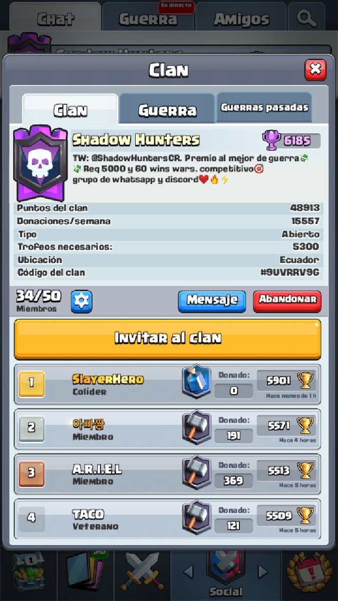 💥Estamos en busca de jugadores para  <a href="/ShadowHuntersCR/">Shadow Hunters</a>
🔸️Record +5300🏆
🔹️+75 guerras ganadas 
🔸️Ser activo en donaciones y guerras
🔹️Consultas al MD✉
🔃💕
<a href="/AyudaJugador/">Ayuda Jugador</a> <a href="/Ayudas_ESP/">Ayudas_ESP  🎷🐛</a>  <a href="/eSportsSPA/">AYUDAS e-Sports™</a> <a href="/Promo_eSport/">Promoción Esports</a> <a href="/RT_apoyo/">CR apoyando a la comunidad</a> <a href="/AyudaseSports2/">Publicidad eSports LATAM</a> <a href="/jajajajajajaCR/">Bgama🏆</a> <a href="/RT_apoyo/">CR apoyando a la comunidad</a> @AyudaCR_
